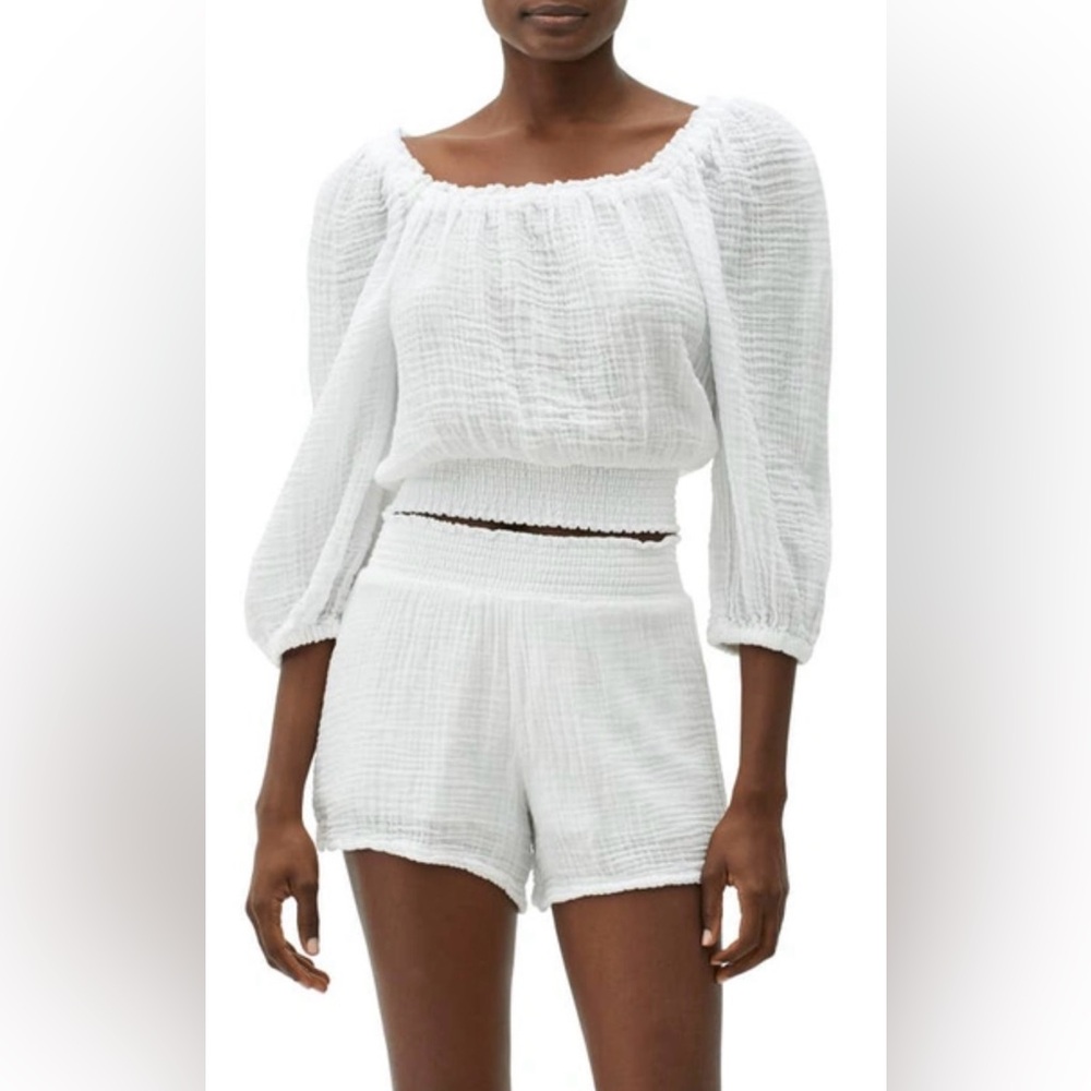Michael Stars Kate Square Neck Smocked Top White L